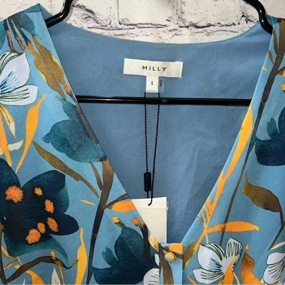 Milly Women’s Blue Floral V Neck Blouse with Bell Sleeve Detail Size Small New - Picture 3 of 10